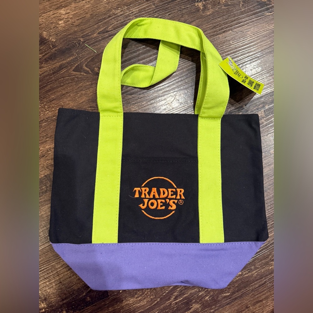 NWT Trader Joe’s limited edition Black Purple Green mini Tote Bag, Fall 2025.